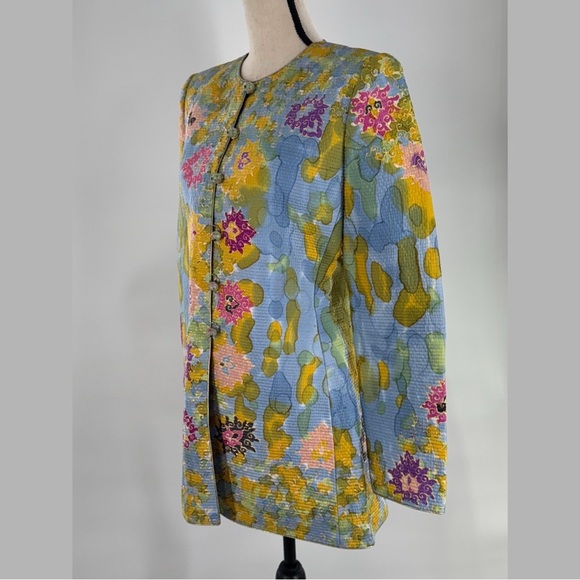 Mary McFadden Couture Silk Quilted Floral Jacket w/ Glass Bead Buttons – Size 10 - Picture 12 of 16